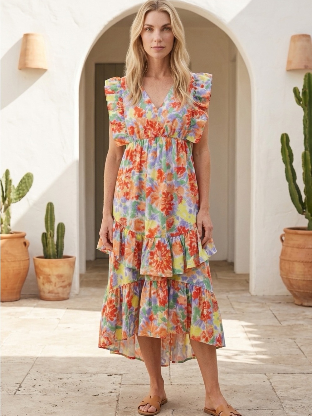 Floral Ruffle High-Low Dress in Multicolor by Heyson